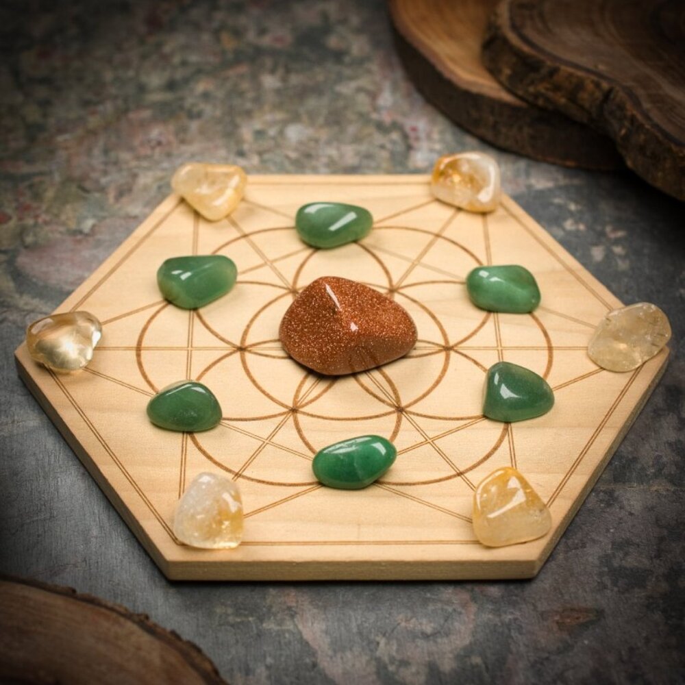 Attract Abundance Mini Crystal Grid Set - Your choice of Wood Grid Board